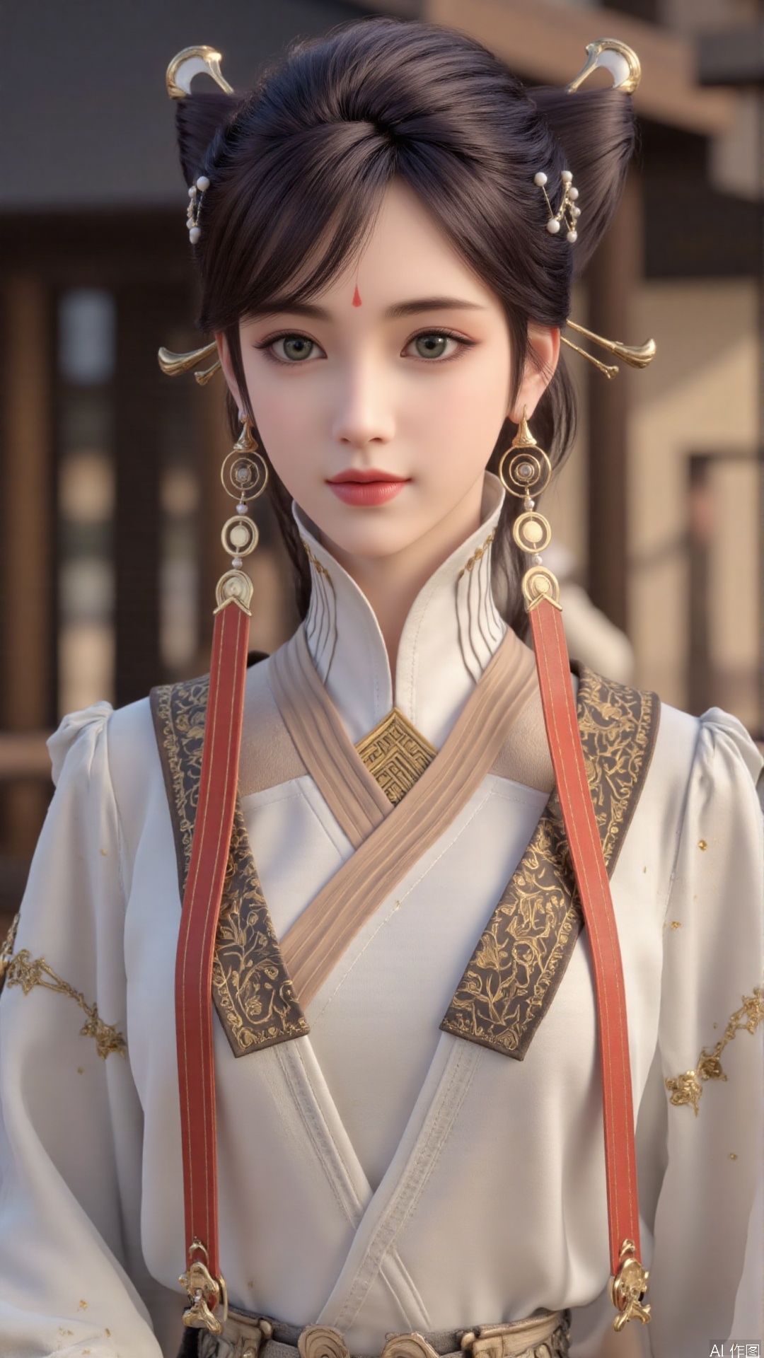 1girl, solo, realistic, looking at viewer, hair ornament, jewelry, dress, facial mark, earrings, forehead mark, lips, green eyes, mischevious smile, perfect body, scenery, sharp focus, best quality, masterpiece, detailed outfit, illustration, perfect eyes, finely detailed beautiful anime eyes, realistic skin, intricate details, best lighting, depth of field, ultra high resolution,sitting