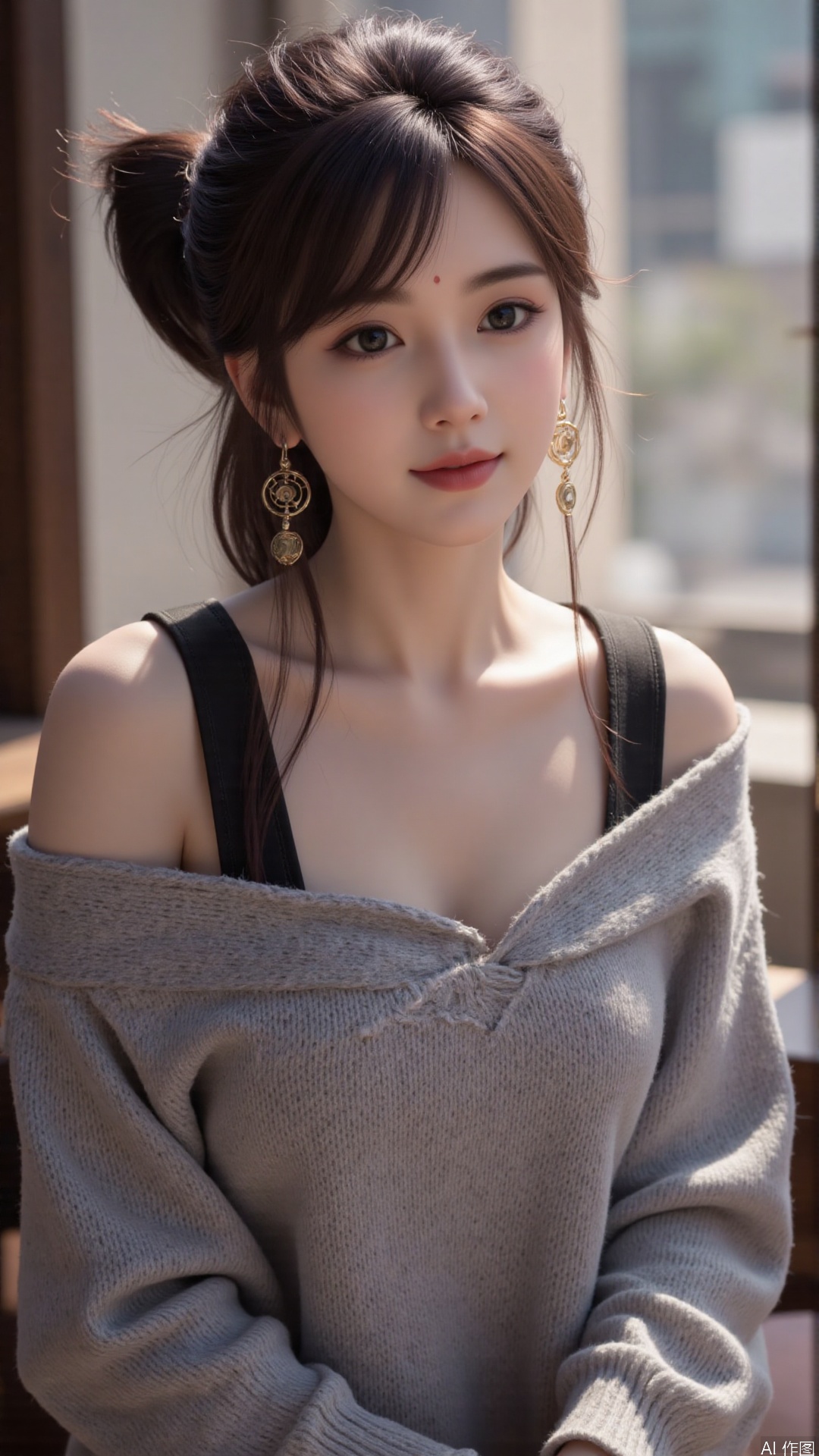 1girl, solo, long hair, looking at viewer, smile, sitting, collarbone, off shoulder, sweater, messy hair, realistic