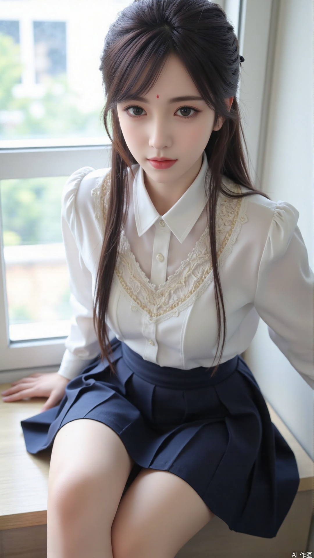 This photo captures a poised Asian girl with an elegant presence. Her hair is long and straight, with subtle layers that add depth to her hairstyle. Her eyes are deep and thoughtful, reflecting a sense of maturity and grace. She's dressed in a school uniform, featuring a crisp white blouse with a delicate lace collar and a navy pleated skirt. Her thighs are partially visible as she sits gracefully on a windowsill, one leg bent and the other extended. The camera is positioned at a high angle, capturing her from above as she looks at the viewer, with the classroom window and a glimpse of the outside world in the background.