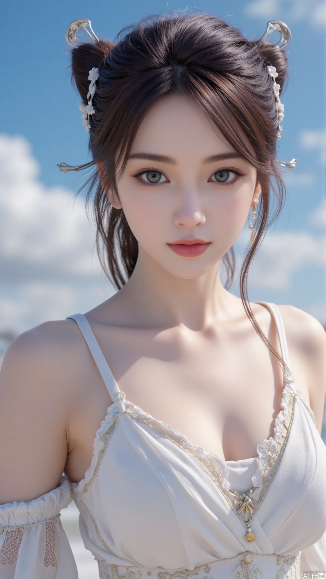 Very detailed face, extremely detailed eyes and face, blue eyes, (vacuum), 8K wallpaper, light leak, beautiful and detailed girl, extremely detailed CGUnity8K wallpaper, an extremely detailed and beautiful, beautiful and detailed eyes, masterpiece, best quality, Real photo level, (frontal shooting panoramic perspective), ( (Full body photo)), dynamic angle, dynamic pose, solo, ancient style silver hairpin with petals, blue sky and white clouds, (C cup), (huge round breasts), slender legs, super good figure, stunning beauty, (whole body in the mirror) , (wearing Lolita nightgown), (light reflects the shadow of the body through the clothes),vacuum,bare and smooth