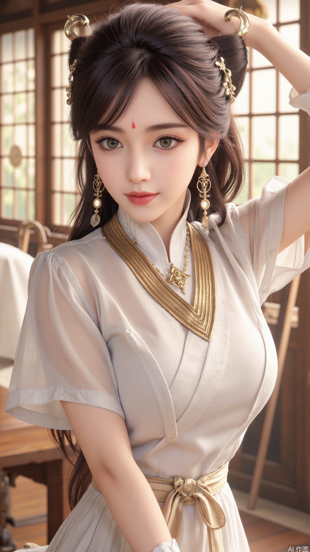 1girl, solo, realistic, looking at viewer, hair ornament, jewelry, dress, facial mark, earrings, forehead mark, lips, green eyes, mischevious smile, perfect body, scenery, sharp focus, best quality, masterpiece, detailed outfit, illustration, perfect eyes, finely detailed beautiful anime eyes, realistic skin, intricate details, best lighting, depth of field, ultra high resolution,cowboy_shot