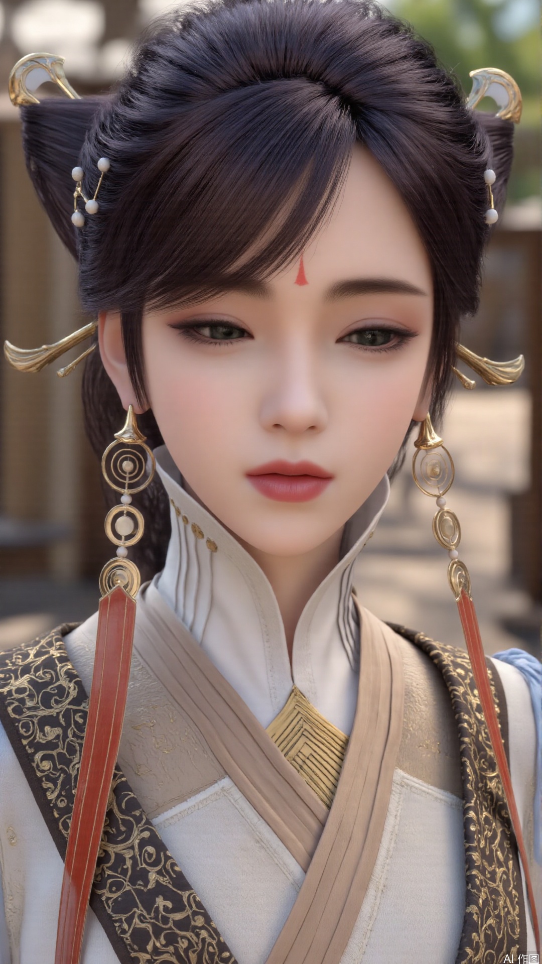 1girl, solo, realistic, looking at viewer, hair ornament, jewelry, dress, facial mark, earrings, forehead mark, lips, green eyes, mischevious smile, perfect body, scenery, sharp focus, best quality, masterpiece, detailed outfit, illustration, perfect eyes, finely detailed beautiful anime eyes, realistic skin, intricate details, best lighting, depth of field, ultra high resolution,cowboy_shot