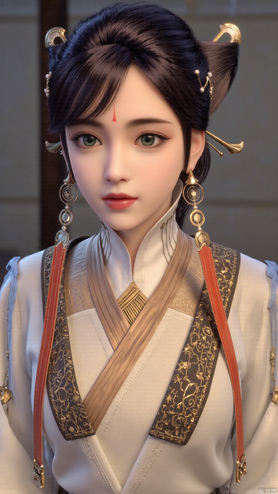 1girl, solo, realistic, looking at viewer, hair ornament, jewelry, dress, facial mark, earrings, forehead mark, lips, green eyes, mischevious smile, perfect body, scenery, sharp focus, best quality, masterpiece, detailed outfit, illustration, perfect eyes, finely detailed beautiful anime eyes, realistic skin, intricate details, best lighting, depth of field, ultra high resolution,cowboy_shot