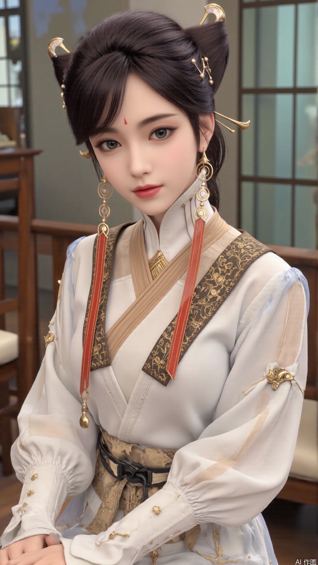 1girl, solo, realistic, looking at viewer, hair ornament, jewelry, dress, facial mark, earrings, forehead mark, lips, green eyes, mischevious smile, perfect body, scenery, sharp focus, best quality, masterpiece, detailed outfit, illustration, perfect eyes, finely detailed beautiful anime eyes, realistic skin, intricate details, best lighting, depth of field, ultra high resolution,sitting