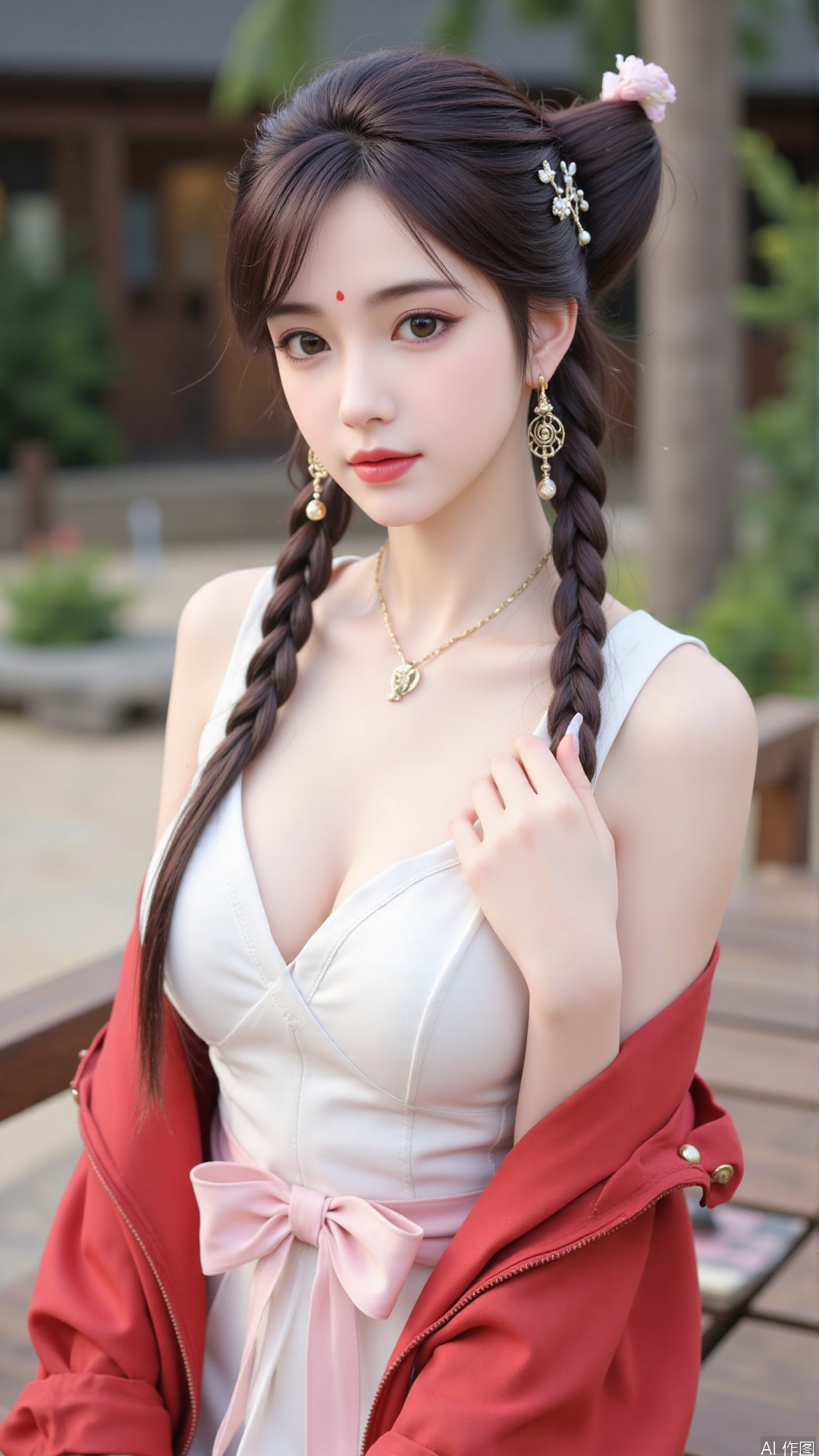 1girl,solo,jewelry,flower,hair flower,hair ornament,necklace,realistic,brown eyes,looking at viewer,dress,blurry background,twin braids,blurry,white dress,long hair,upper body,breasts,pink bow,red jacket,bare shoulders,lips,collarbone,outdoors,cleavage,large natural breast,soft breasts,huge Breasts