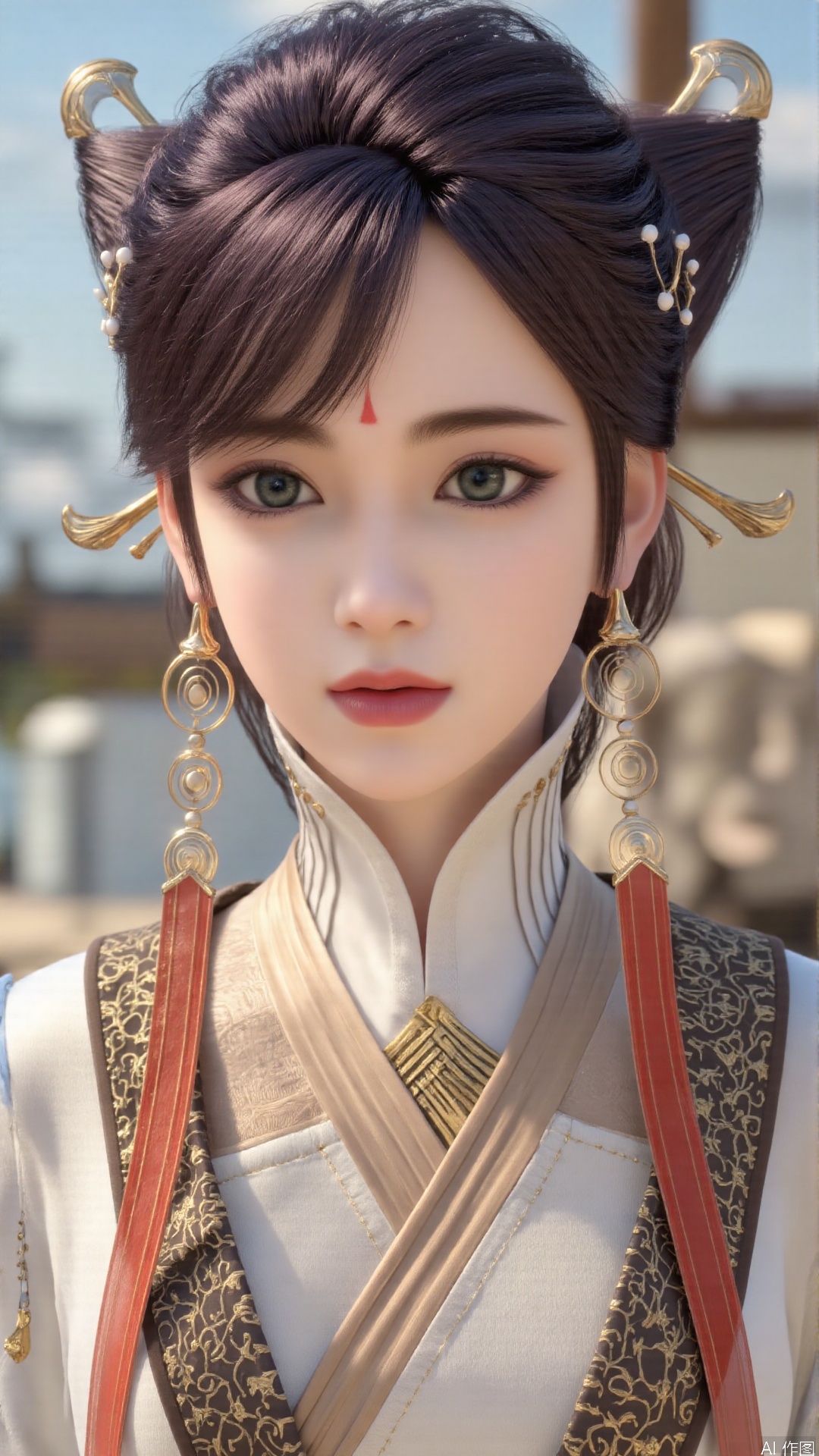 1girl, solo, realistic, looking at viewer, hair ornament, jewelry, dress, facial mark, earrings, forehead mark, lips, green eyes, mischevious smile, perfect body, scenery, sharp focus, best quality, masterpiece, detailed outfit, illustration, perfect eyes, finely detailed beautiful anime eyes, realistic skin, intricate details, best lighting, depth of field, ultra high resolution,cowboy_shot