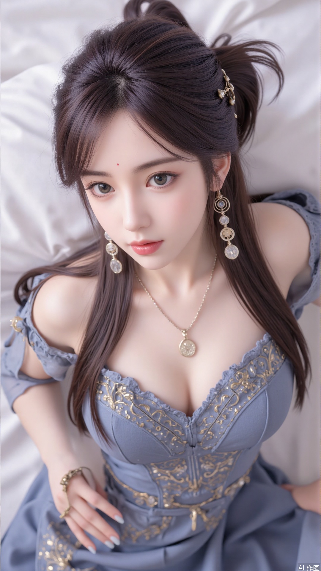 1girl, solo, jewelry, earrings, breasts, necklace, dress, realistic, bare shoulders, looking at viewer, lying, perfect body, scenery, sharp focus, best quality, masterpiece, detailed outfit, illustration, perfect eyes, finely detailed beautiful anime eyes, realistic skin, intricate details, best lighting, depth of field, ultra high resolution, bed, from above