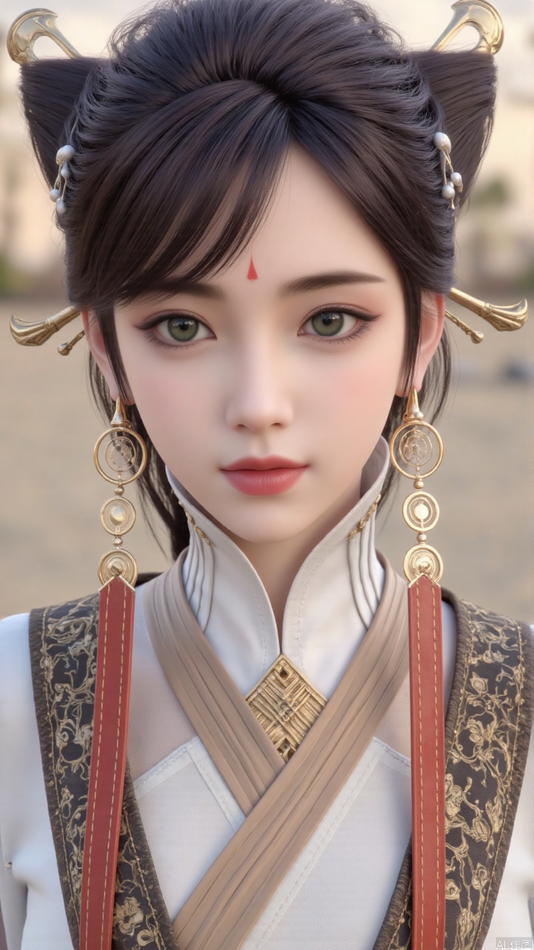 1girl, solo, realistic, looking at viewer, hair ornament, jewelry, dress, facial mark, earrings, forehead mark, lips, green eyes, mischevious smile, perfect body, scenery, sharp focus, best quality, masterpiece, detailed outfit, illustration, perfect eyes, finely detailed beautiful anime eyes, realistic skin, intricate details, best lighting, depth of field, ultra high resolution,cowboy_shot