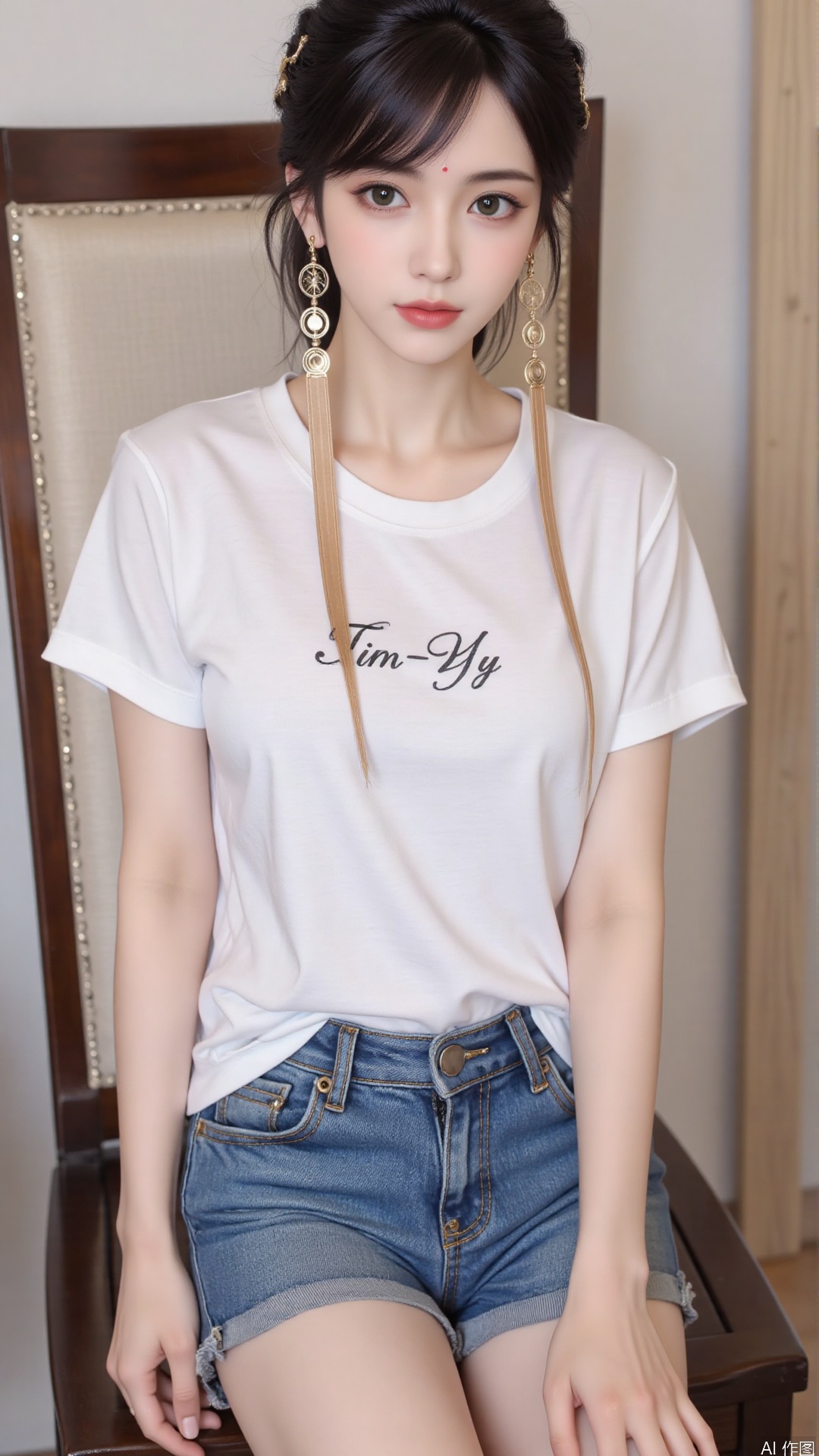 White t-shirt with ”Tim_Yi“ written on it, jeans shorts,1girl