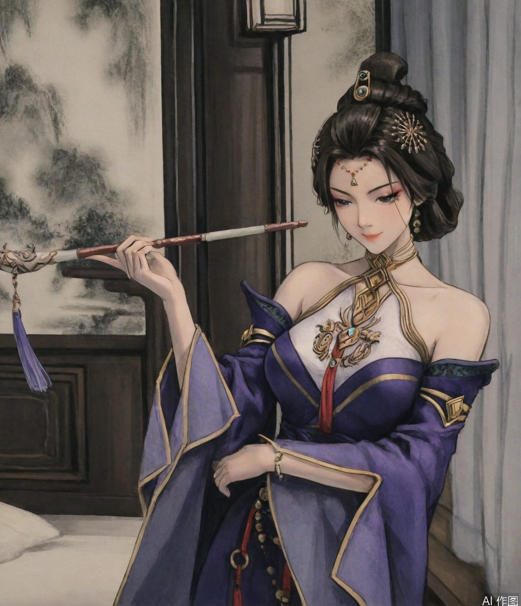 ((very awa)),solo,highly detailed,(best quality),((masterpiece)),1girl,chi,painting \(medium\),watercolor \(medium\),,ge,,fanjingmei,jewelry,bare shoulders,hair ornament,earrings,holding,detached sleeves,seductive_smile,