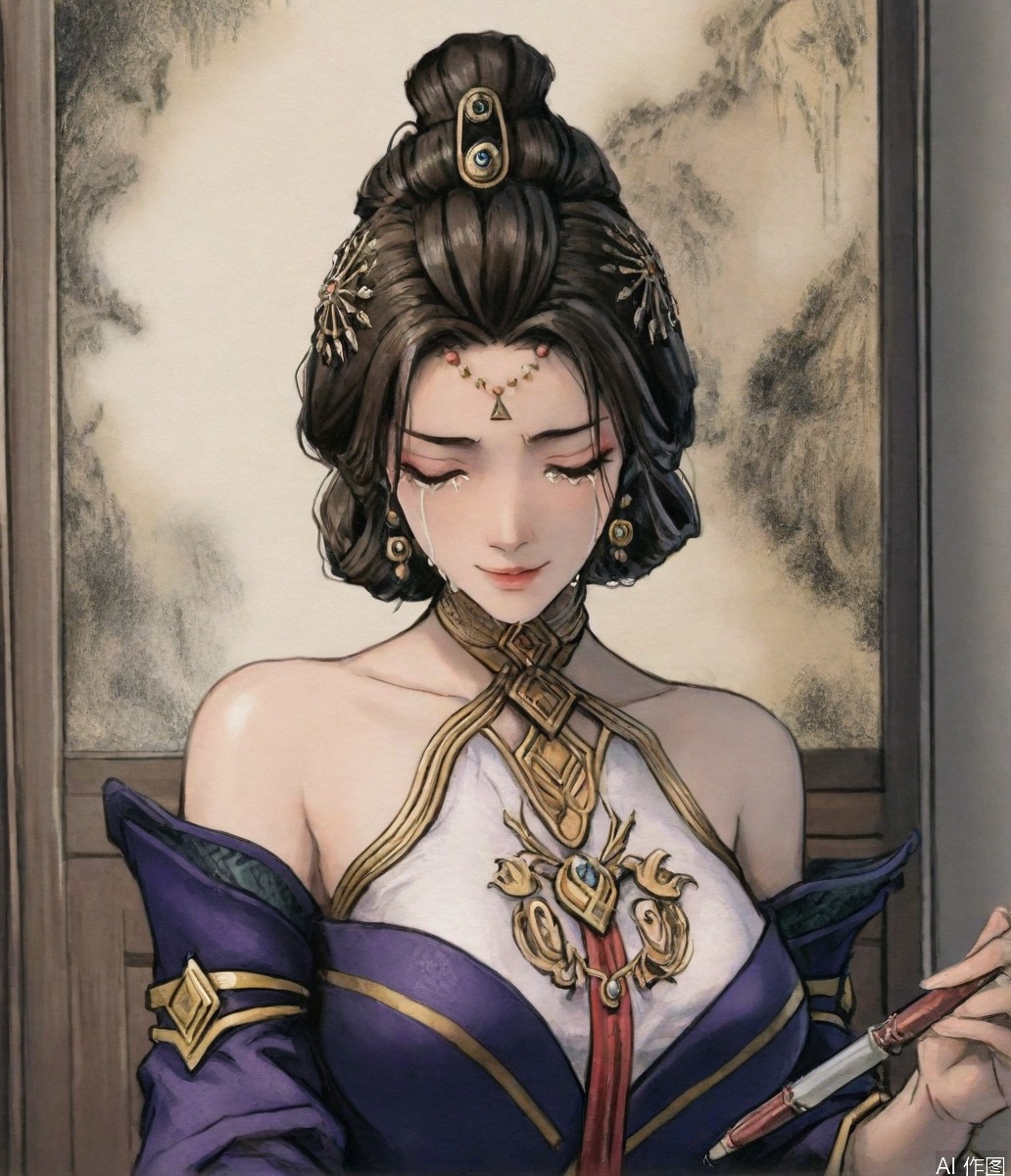 ((very awa)),solo,highly detailed,(best quality),((masterpiece)),1girl,chi,painting \(medium\),watercolor \(medium\),,ge,,fanjingmei,jewelry,bare shoulders,hair ornament,earrings,holding,upper body,detached sleeves,cry,crying,upper body,seductive_smile,