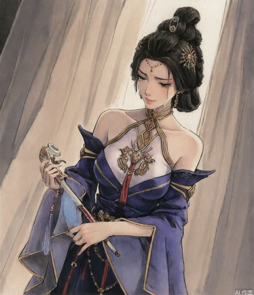 ((very awa)),solo,highly detailed,(best quality),((masterpiece)),1girl,chi,painting \(medium\),watercolor \(medium\),,ge,,fanjingmei,jewelry,bare shoulders,hair ornament,earrings,holding,detached sleeves,cry,crying,seductive_smile,