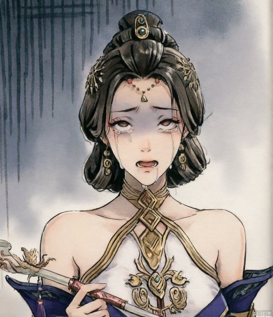 ((very awa)),solo,highly detailed,(best quality),((masterpiece)),1girl,chi,,traditional media,painting \(medium\),watercolor \(medium\),,ge,,fanjingmei,jewelry,bare shoulders,hair ornament,earrings,holding,upper body,detached sleeves,turn pale,despair,afterglow,ahegao,cry,crying