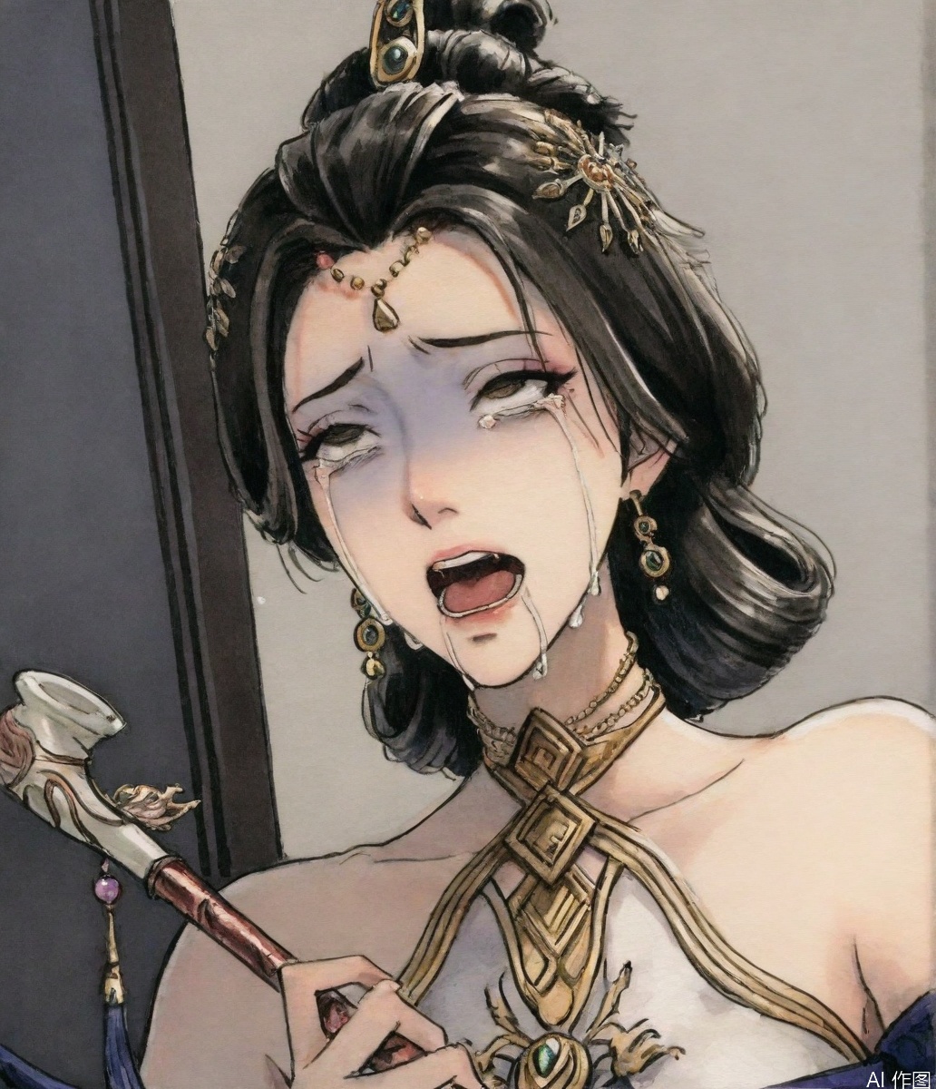((very awa)),solo,highly detailed,(best quality),((masterpiece)),1girl,chi,,traditional media,painting \(medium\),watercolor \(medium\),,ge,,fanjingmei,jewelry,bare shoulders,hair ornament,earrings,holding,upper body,detached sleeves,turn pale,despair,afterglow,ahegao,cry,crying