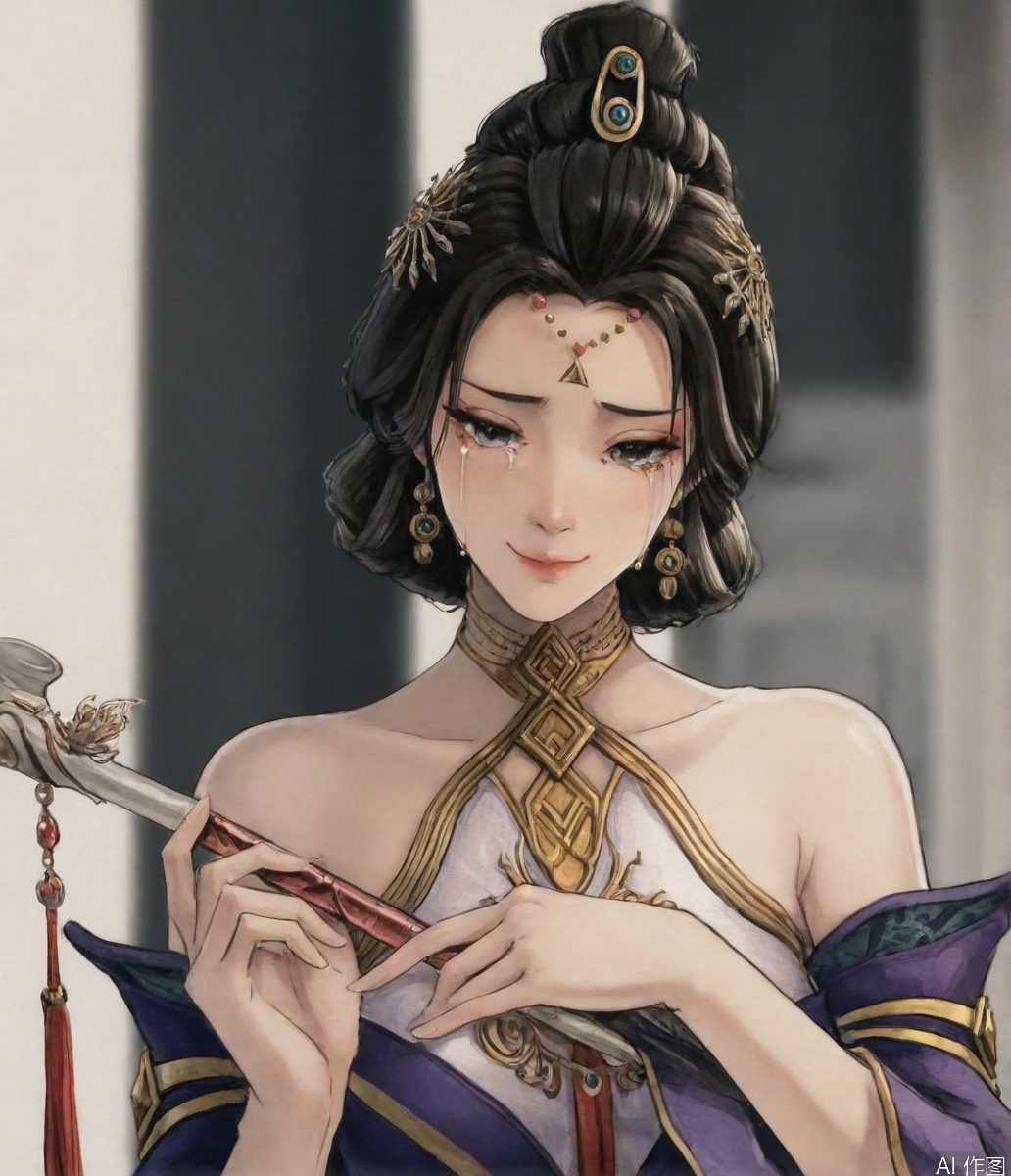 ((very awa)),solo,highly detailed,(best quality),((masterpiece)),1girl,chi,painting \(medium\),watercolor \(medium\),,ge,,fanjingmei,jewelry,bare shoulders,hair ornament,earrings,holding,upper body,detached sleeves,cry,crying,upper body,seductive_smile,