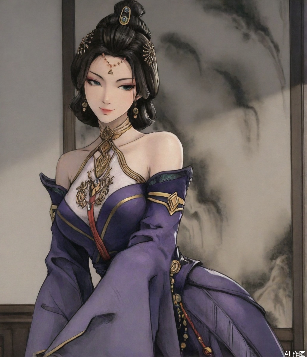 ((very awa)),solo,highly detailed,(best quality),((masterpiece)),1girl,chi,painting \(medium\),watercolor \(medium\),,ge,,fanjingmei,jewelry,bare shoulders,hair ornament,earrings,detached sleeves,seductive_smile,