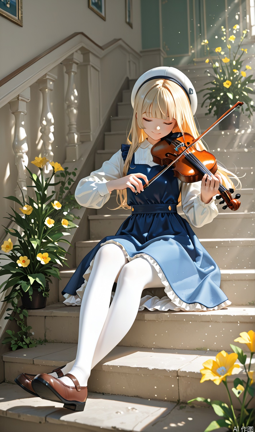 1girl, solo, long hair, smile, bangs, blonde hair, shirt, long sleeves, hat, dress, holding, sitting, closed mouth, full body, closed eyes, white shirt, flower, pantyhose, frills, shoes, blunt bangs, blue dress, white headwear, brown footwear, sunlight, plant, loafers, instrument, mary janes, white pantyhose, stairs, yellow flower, music, pinafore dress, playing instrument, holding instrument, violin, crossed ankles