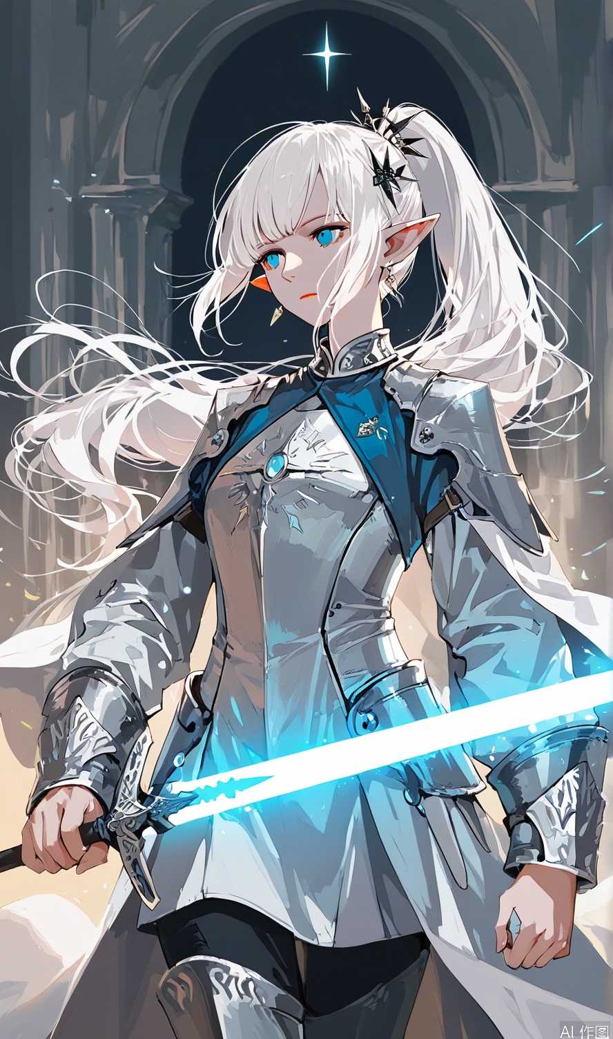 1girl, solo, long hair, bangs, blue eyes, hair ornament, long sleeves, holding, jewelry, closed mouth, standing, ponytail, weapon, white hair, cowboy shot, earrings, pointy ears, sword, holding weapon, armor, coat, glowing, holding sword, glowing weapon, glowing sword, elezen
