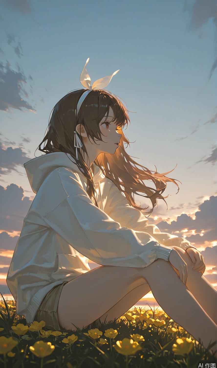extremely delicate and beautiful,huge filesize,32K UHD,
1girl, solo, long hair, bangs, brown hair, long sleeves, ribbon, brown eyes, sitting, hair ribbon, flower, outdoors, parted lips, sky, shorts, cloud, hood, blurry, from side, short shorts, hoodie, profile, feet out of frame, hood down, cloudy sky, grass, white ribbon, sunset, yellow flower, looking afar, white hoodie, hands on own knees