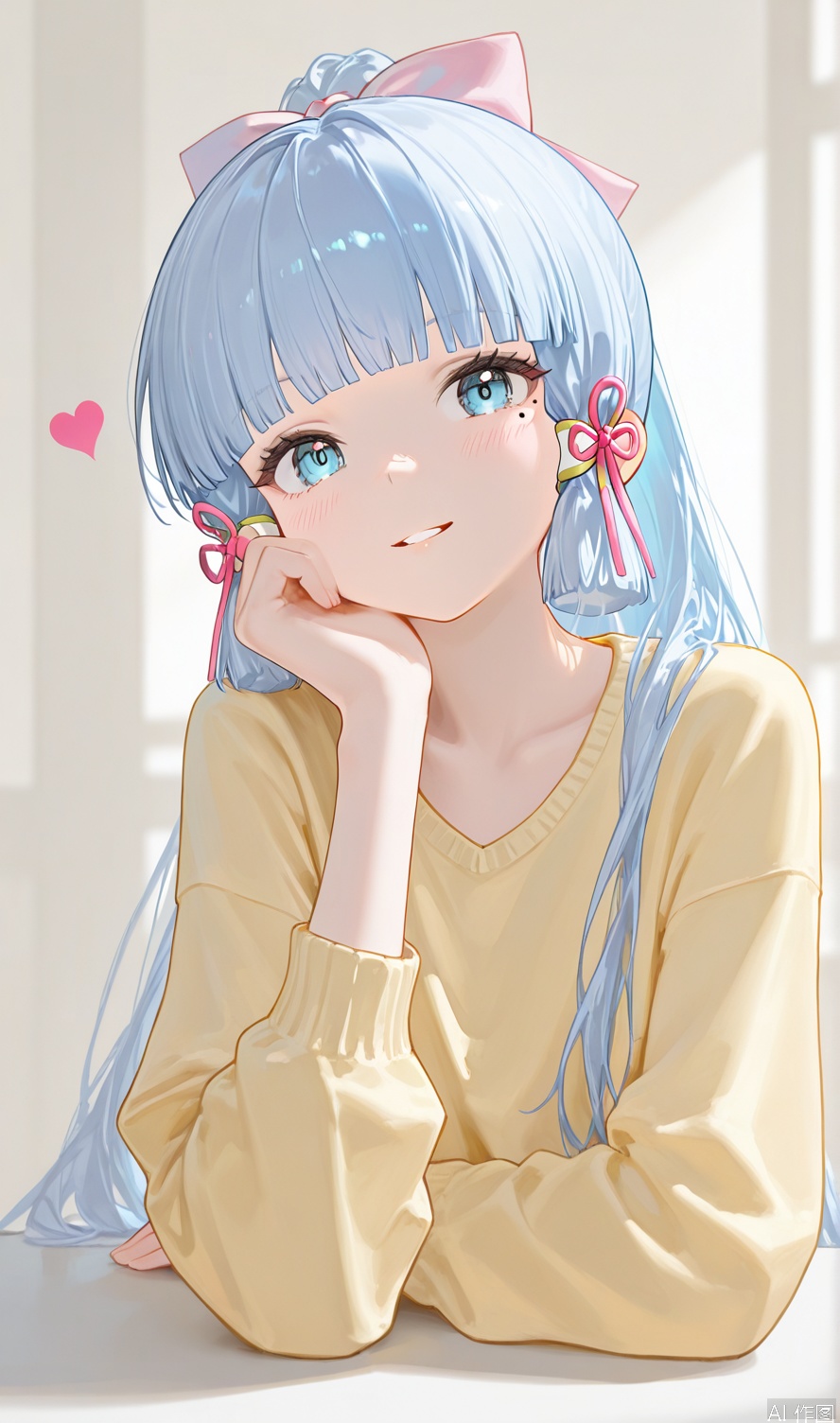 1girl, solo, long hair, looking at viewer, blush, smile, bangs, blue eyes, shirt, long sleeves, ribbon, closed mouth, blue hair, hair ribbon, upper body, heart, sidelocks, parted lips, alternate costume, blunt bangs, mole, sweater, mole under eye, pink ribbon, head rest, tress ribbon, yellow shirt, kamisato ayaka