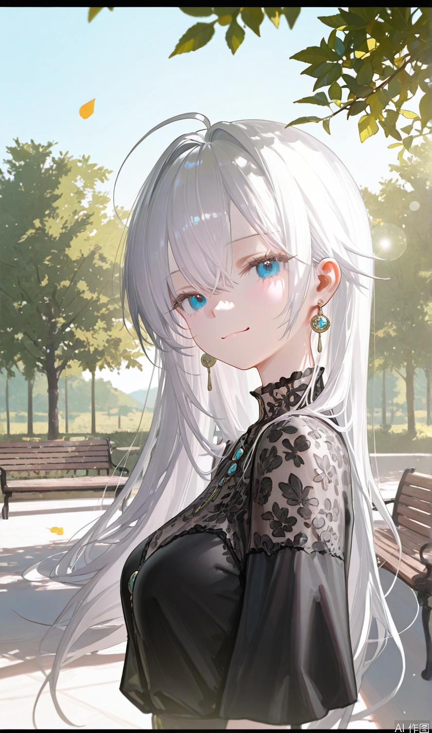 artist:tab_head,[artist:omone_hokoma_agm],[artist:fuzichoco],artist:misheng_liu_yin,[artist:mignon],{{artist:liduk}},{artist:konya_karasue},{{{artist:rolua}}},[[[[artist:freng]]]],[[artist:tianliang_duohe_fangdongye]],{artist:omone_hokoma_agm},year 2023,masterpiece,facing the lens,best quality,very aesthetic,extremely delicate and beautiful,huge filesize,amazing quality,32K UHD,shadow,(gold and silver lace) 1girl, solo, long hair, breasts, looking at viewer, smile, bangs, blue eyes, shirt, hair between eyes, jewelry, closed mouth, upper body, ahoge, grey hair, earrings, outdoors, sky, day, from side, tree, black shirt, floating hair, leaf, letterboxed, wind, lens flare, bench