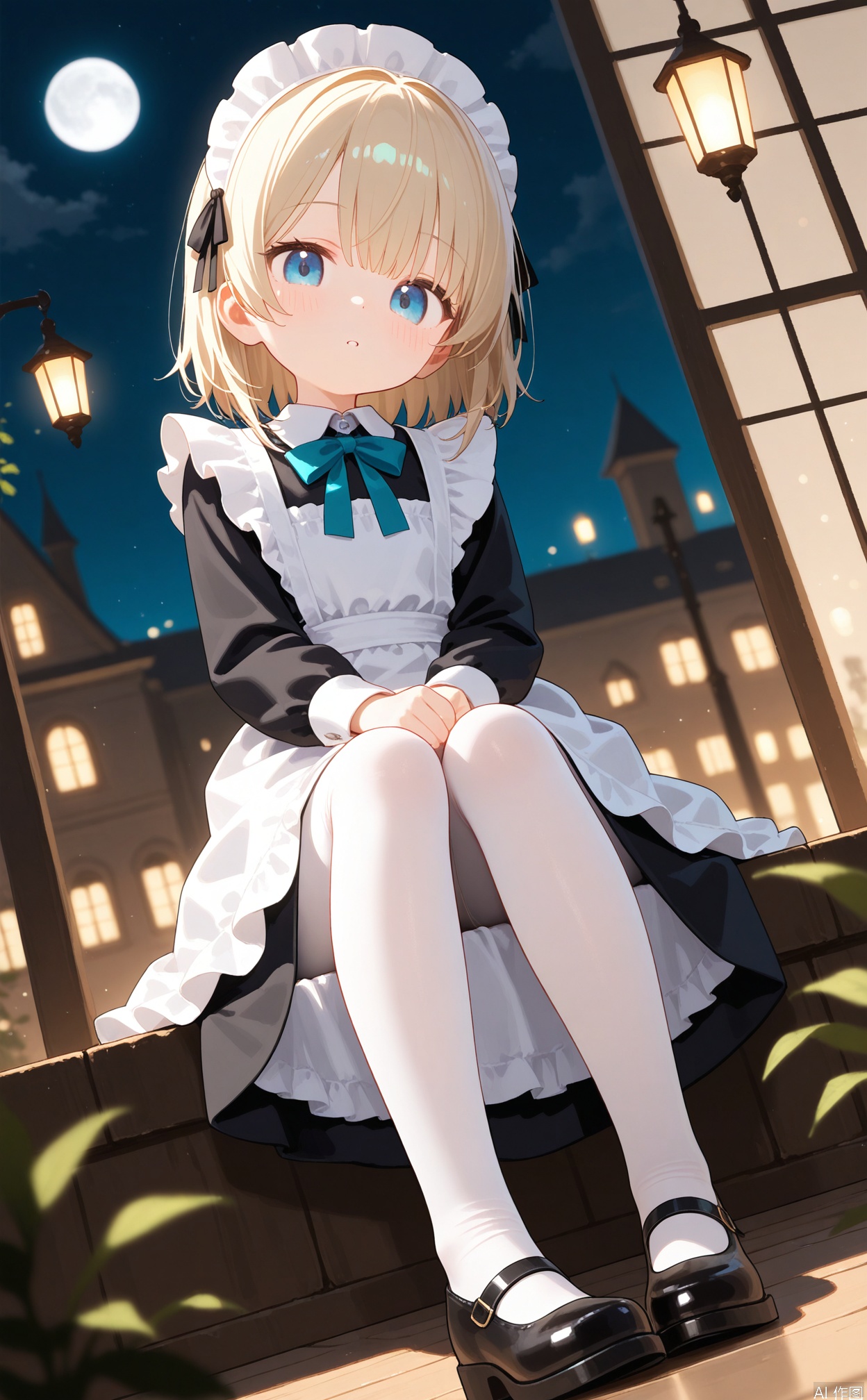 masterpiece,very aware,highres,absurdres,newest,best quality,loli,petite,high quality,chromatic_aberration,cinematic_angle,dutch angle,blurry_foreground,cxqsss,
//,
1girl, solo, looking at viewer, long sleeves, dress, bow, sitting, full body, outdoors, frills, shoes, alternate costume, footwear, apron, maid, maid headdress, night, white apron, mary janes, maid apron, enmaided, pantyhose,
//,
