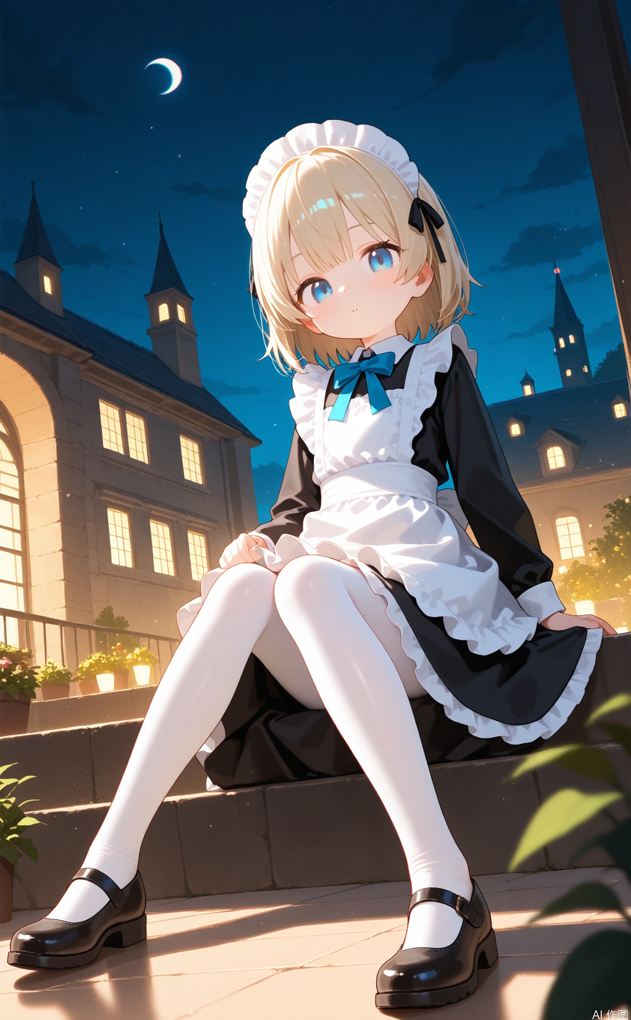 masterpiece,very aware,highres,absurdres,newest,best quality,loli,petite,high quality,chromatic_aberration,cinematic_angle,dutch angle,blurry_foreground,cxqsss,
//,
1girl, solo, looking at viewer, long sleeves, dress, bow, sitting, full body, outdoors, frills, shoes, alternate costume, footwear, apron, maid, maid headdress, night, white apron, mary janes, maid apron, enmaided, pantyhose,
//,
