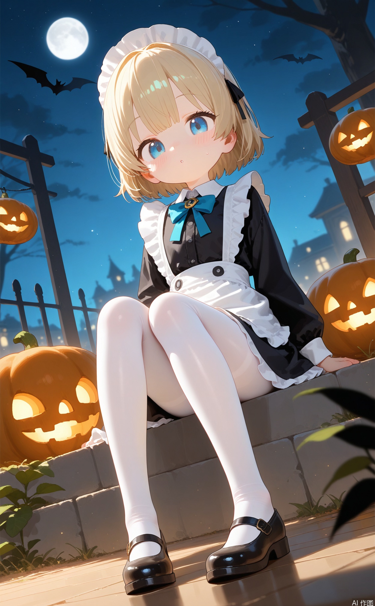 masterpiece,very aware,highres,absurdres,newest,best quality,loli,petite,high quality,chromatic_aberration,cinematic_angle,dutch angle,blurry_foreground,cxqsss,
//,
1girl, solo, looking at viewer, long sleeves, dress, bow, sitting, full body, outdoors, frills, shoes, alternate costume, footwear, apron, maid, maid headdress, night, white apron, mary janes, maid apron, enmaided, pantyhose,
//,
