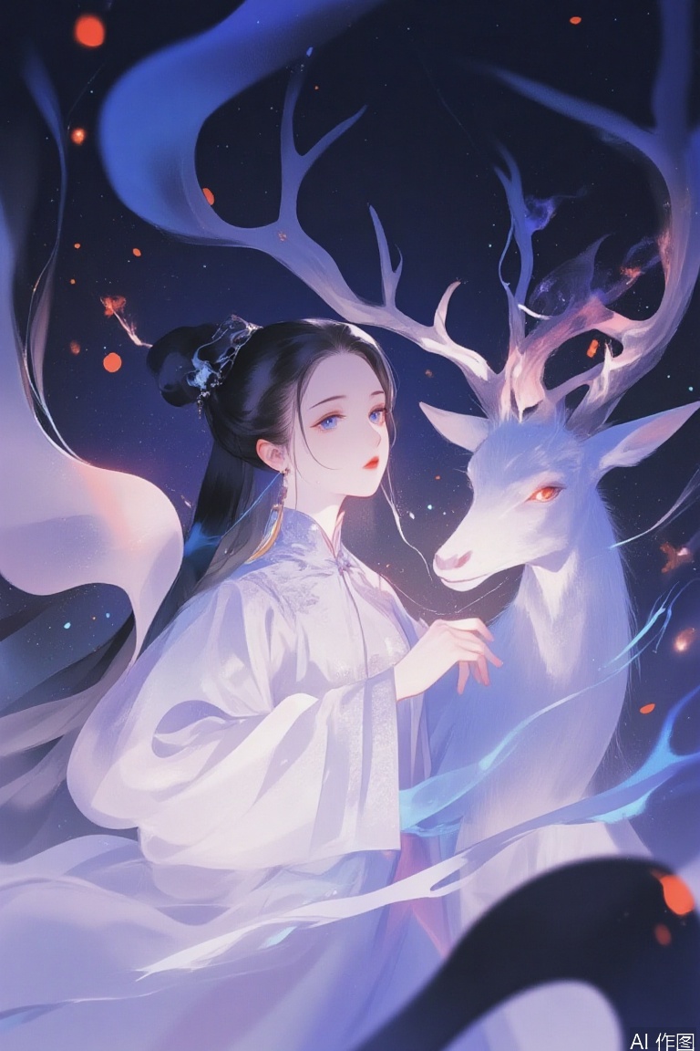 A beautiful ethereal art illustration in high definition and quality, featuring a young girl with long black hair渐变色尾端, adorned with earrings and jewelry. She wears a white Chinese coat with long sleeves, her blue eyes glowing with red light as she gazes at the viewer, lips slightly parted. Behind her floats a mythical white beast resembling a magical deer with antlers, surrounded by ethereal smoke in vibrant hues. The dark background is decorated with colored stars, creating a fantastic and mesmerizing atmosphere. Upper body composition. Keywords: ethereal, magical deer, colored smoke, dark background, stars, high quality.