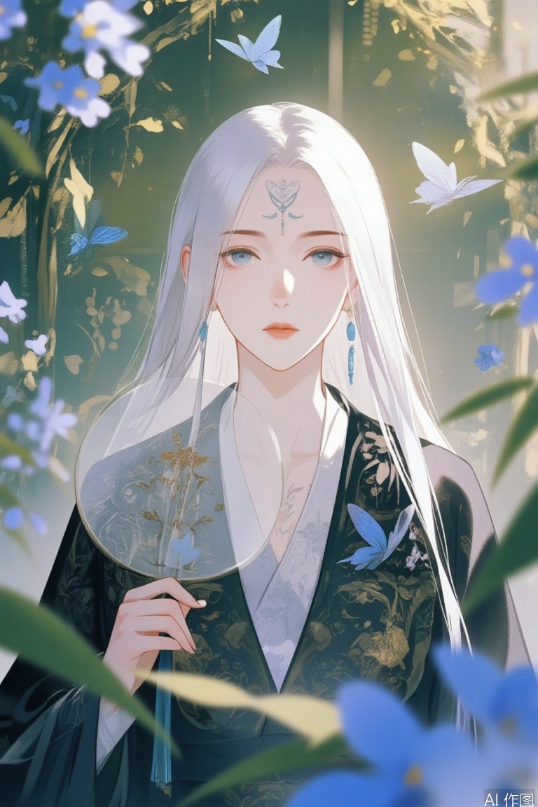 A serene character with long, flowing white hair holds a delicate fan, standing in a lush, green garden softly blurred with blue flowers and butterflies. Adorned with a blue butterfly and a small bird, they wear traditional attire: an intricate-patterned dark robe over a white garment. Subtle traditional tattoos mark their face, complementing striking blue eyes. The composition frames the figure centrally against the tranquil natural backdrop, emphasizing harmony. Keywords: ethereal, traditional, serene, white hair, fan, blue butterfly, bird, tattoos, blue eyes, lush garden, soft blur, tranquil atmosphere.