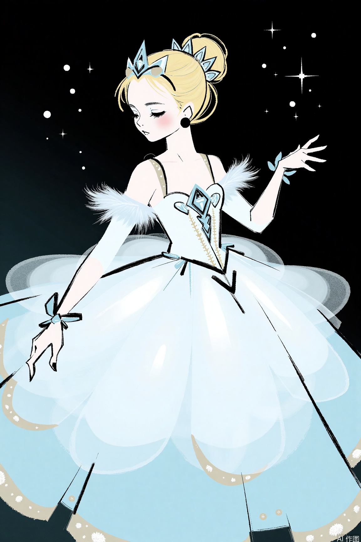 ballet,ballerina,dress,closed eyes,jewelry,single hair bun,hair bun,1girl,earrings,crown,dancing,white dress,blonde hair,solo,long sleeves,profile,feather tutu,sparkle,tiara,makeup,swan lake,dark gothic,book illustration