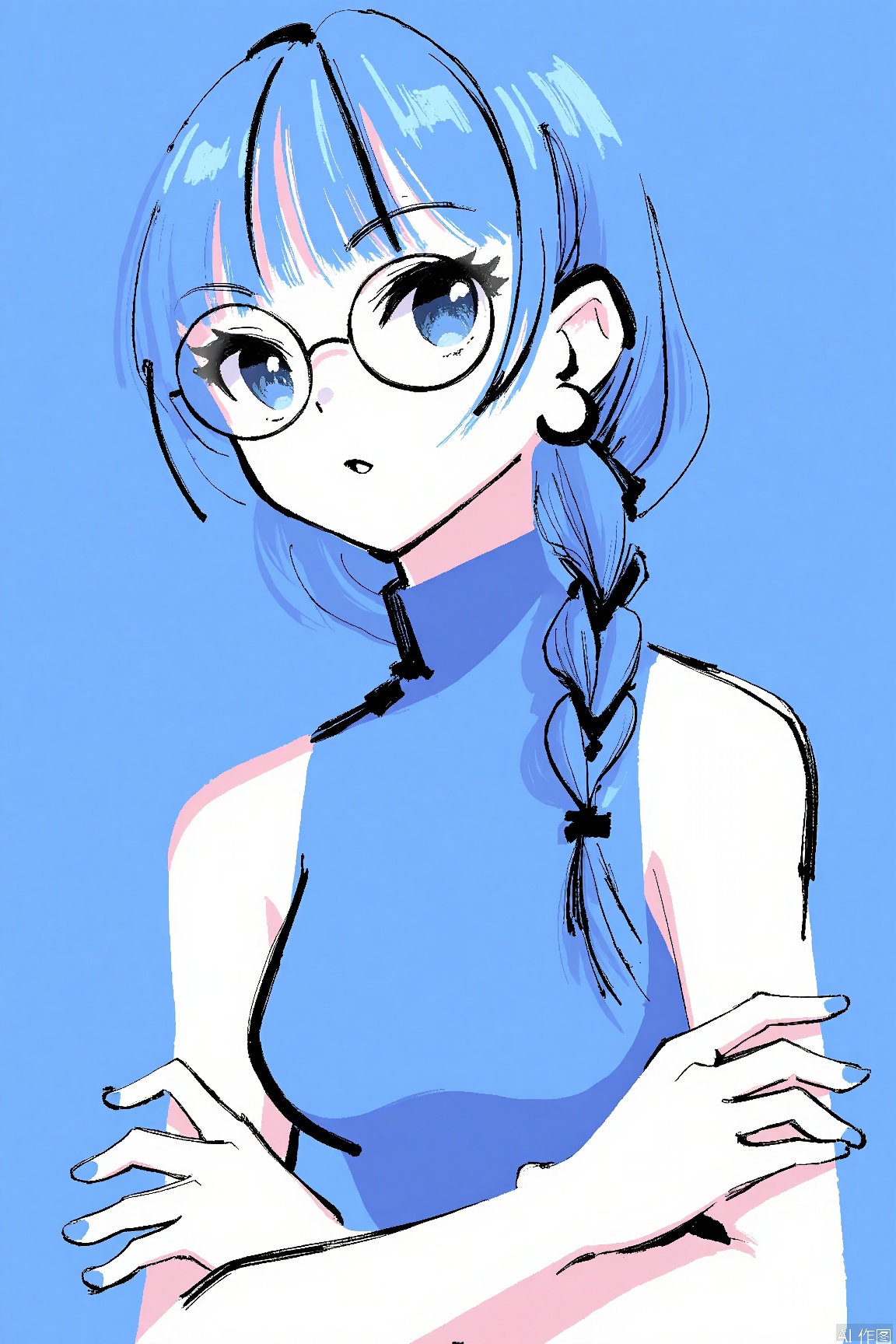 1girl, solo, long hair, looking at viewer, bangs, blue eyes, shirt, bare shoulders, jewelry, closed mouth, blue hair, upper body, braid, earrings, glasses, sleeveless, blunt bangs, nail polish, fingernails, sleeveless shirt, single braid, turtleneck, blue background, piercing, crossed arms, ring, ear piercing, round eyewear,