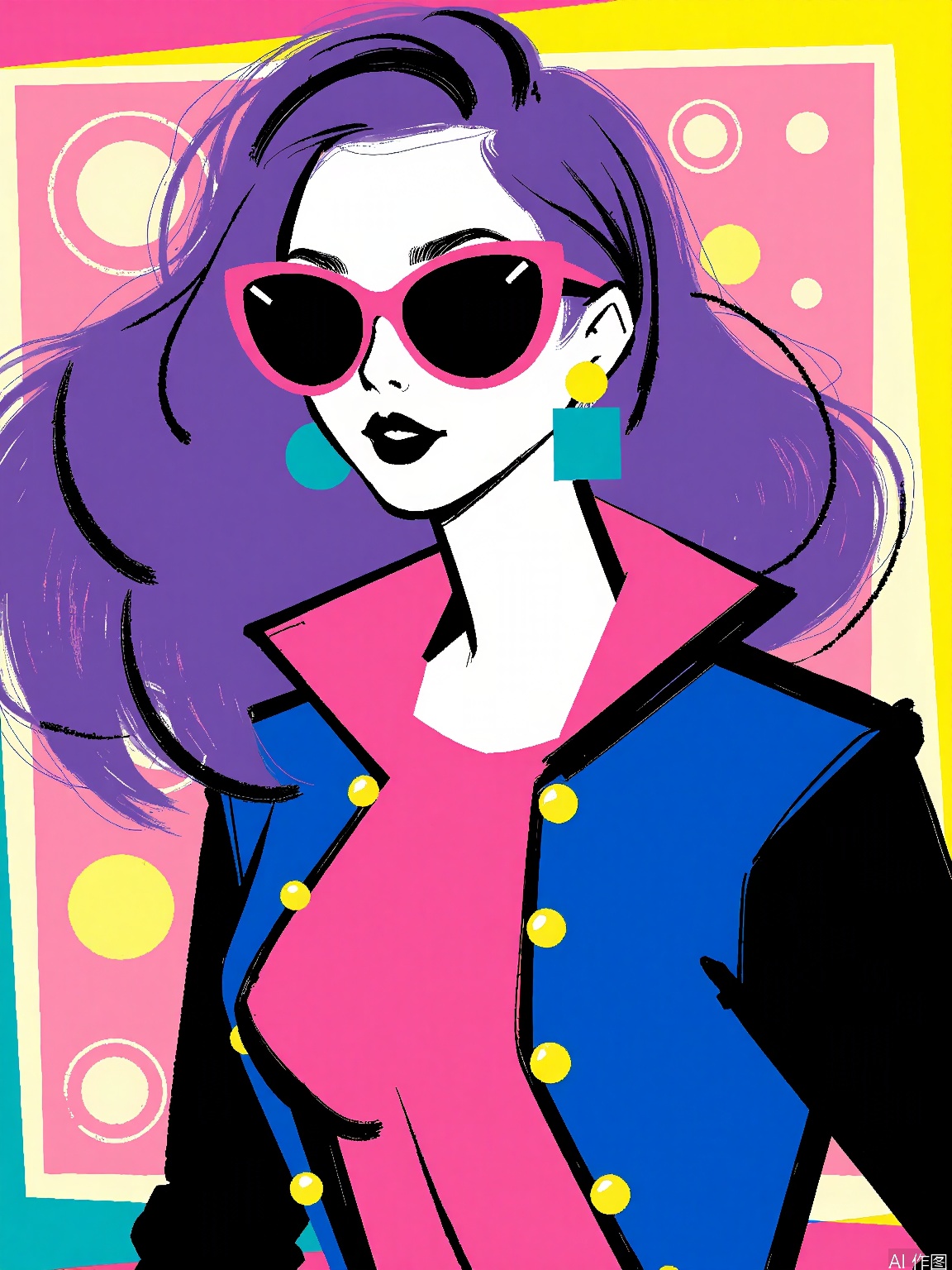 BPYS, A vibrant digital illustration of a woman with flowing purple hair, wearing large pink sunglasses, a blue and black jacket with a pink inner lining, and a pink shirt. She has a confident expression and is set against a colorful, abstract background with geometric shapes and a mix of pink, yellow, and blue hues. The style is reminiscent of pop art with bold, contrasting colors and a playful, energetic feel.