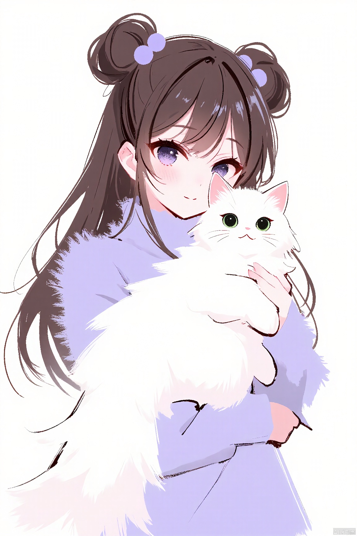 The image depicts a young woman with long, dark hair styled into two ponytails, each secured with purple pom-poms. She is wearing a light purple, fuzzy sweater. In her arms, she holds a fluffy white cat with green eyes, which appears to be smiling. The background is plain white, emphasizing the subjects in the foreground.