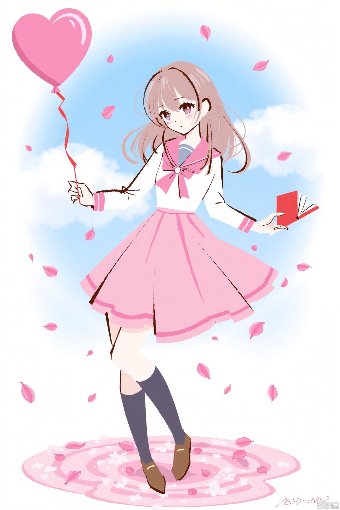 1girl, standing,balloon, brown_footwear, brown_hair, cherry_blossoms, cloud, confetti, falling_petals, heart, heart_balloon, holding, kneehighs, long_hair, petals, petals_on_liquid, pink_eyes, pink_skirt, pleated_skirt, rose_petals, school_uniform, serafuku, shirt, shoes, skirt, sky, socks, solo, wand, white_shirt,book illustration