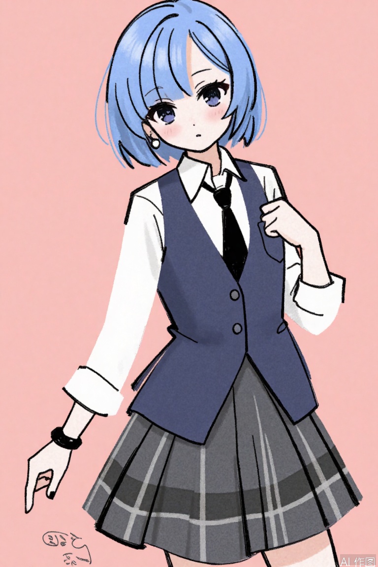 1girl, solo, looking at viewer, blush, short hair, bangs, blue eyes, skirt, simple background, shirt, pink background, jewelry, school uniform, blue hair, collarbone, jacket, white shirt, ahoge, multicolored hair, pleated skirt, earrings, parted lips, necktie, collared shirt, signature, nail polish, parted bangs, plaid, gradient hair, plaid skirt, wristband, black necktie, grey skirt, sleeves rolled up, pocket, breast pocket, clothes around waist, asakura toru