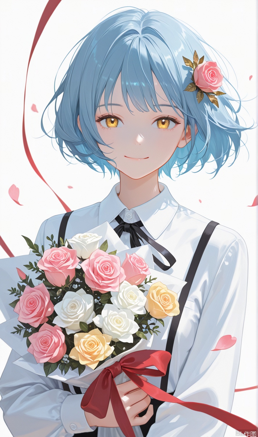1girl, solo, looking at viewer, smile, short hair, bangs, shirt, hair ornament, long sleeves, white background, ribbon, holding, closed mouth, blue hair, yellow eyes, white shirt, upper body, flower, collared shirt, hair flower, red ribbon, petals, black ribbon, neck ribbon, rose, white flower, pink flower, bouquet, yellow flower, pink rose, holding bouquet