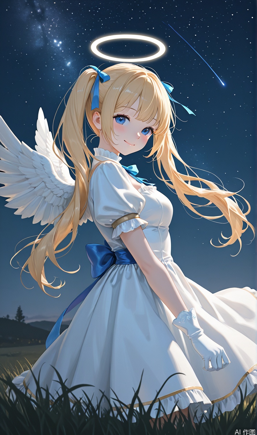 1girl, solo, long hair, breasts, looking at viewer, blush, smile, bangs, blue eyes, blonde hair, gloves, dress, bow, ribbon, twintails, closed mouth, hair ribbon, short sleeves, outdoors, wings, sky, puffy sleeves, white gloves, white dress, from side, puffy short sleeves, night, halo, grass, blue ribbon, star \(sky\), night sky, feathered wings, starry sky, angel wings, angel, shooting star