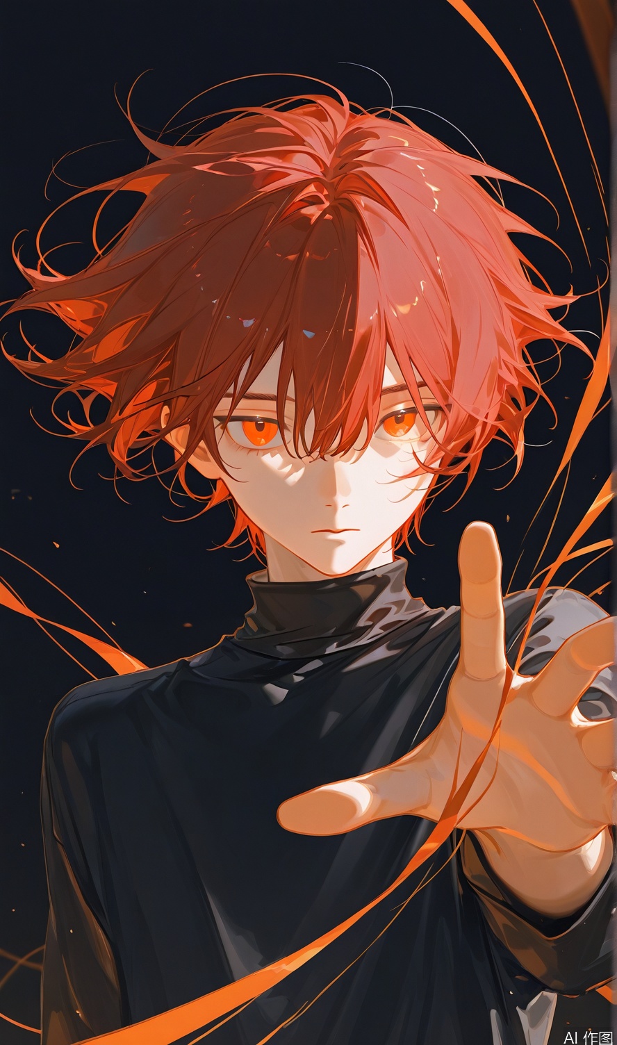 solo, looking at viewer, short hair, bangs, shirt, red eyes, long sleeves, 1boy, holding, hair between eyes, closed mouth, upper body, male focus, red hair, orange eyes, black shirt, floating hair, turtleneck, black background, wind, reaching towards viewer