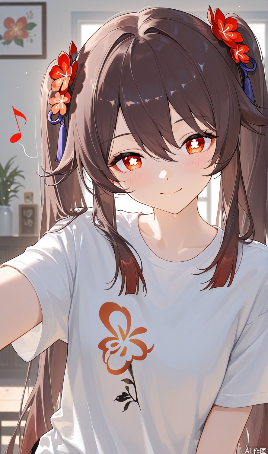 1girl, solo, long hair, looking at viewer, blush, smile, bangs, brown hair, shirt, hair ornament, red eyes, hair between eyes, twintails, closed mouth, white shirt, upper body, flower, short sleeves, alternate costume, indoors, hair flower, symbol-shaped pupils, t-shirt, musical note, eighth note, flower-shaped pupils, hu tao \(genshin impact\)