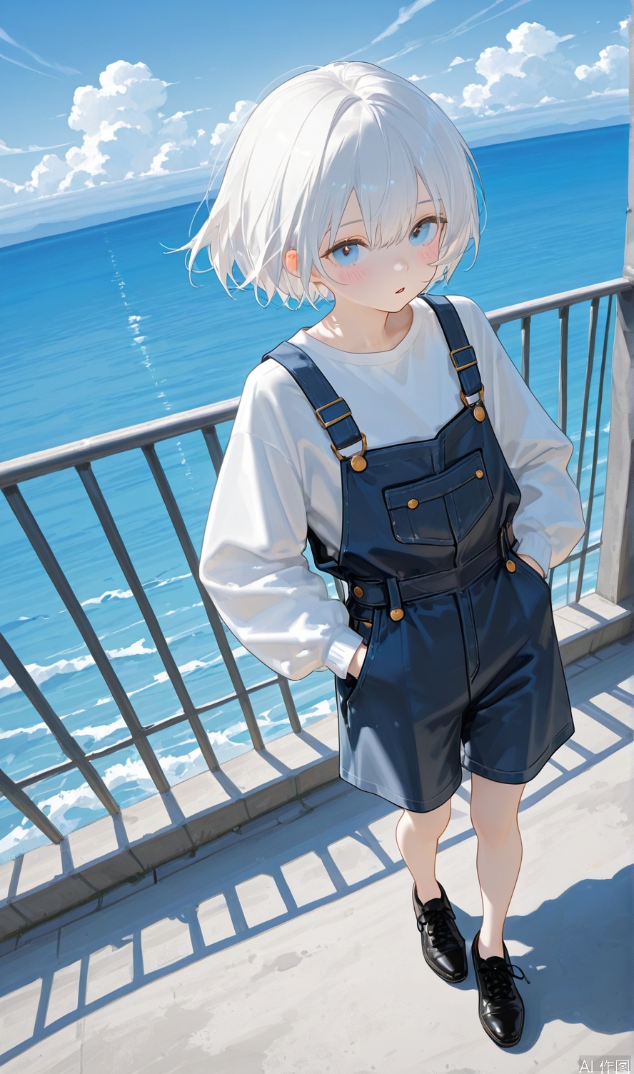 1girl, solo, looking at viewer, blush, short hair, bangs, blue eyes, shirt, long sleeves, dress, hair between eyes, standing, full body, white shirt, white hair, outdoors, parted lips, sky, shoes, day, cloud, water, black footwear, black dress, blue sky, shadow, from above, cloudy sky, blue theme, hands in pockets, pinafore dress, overalls