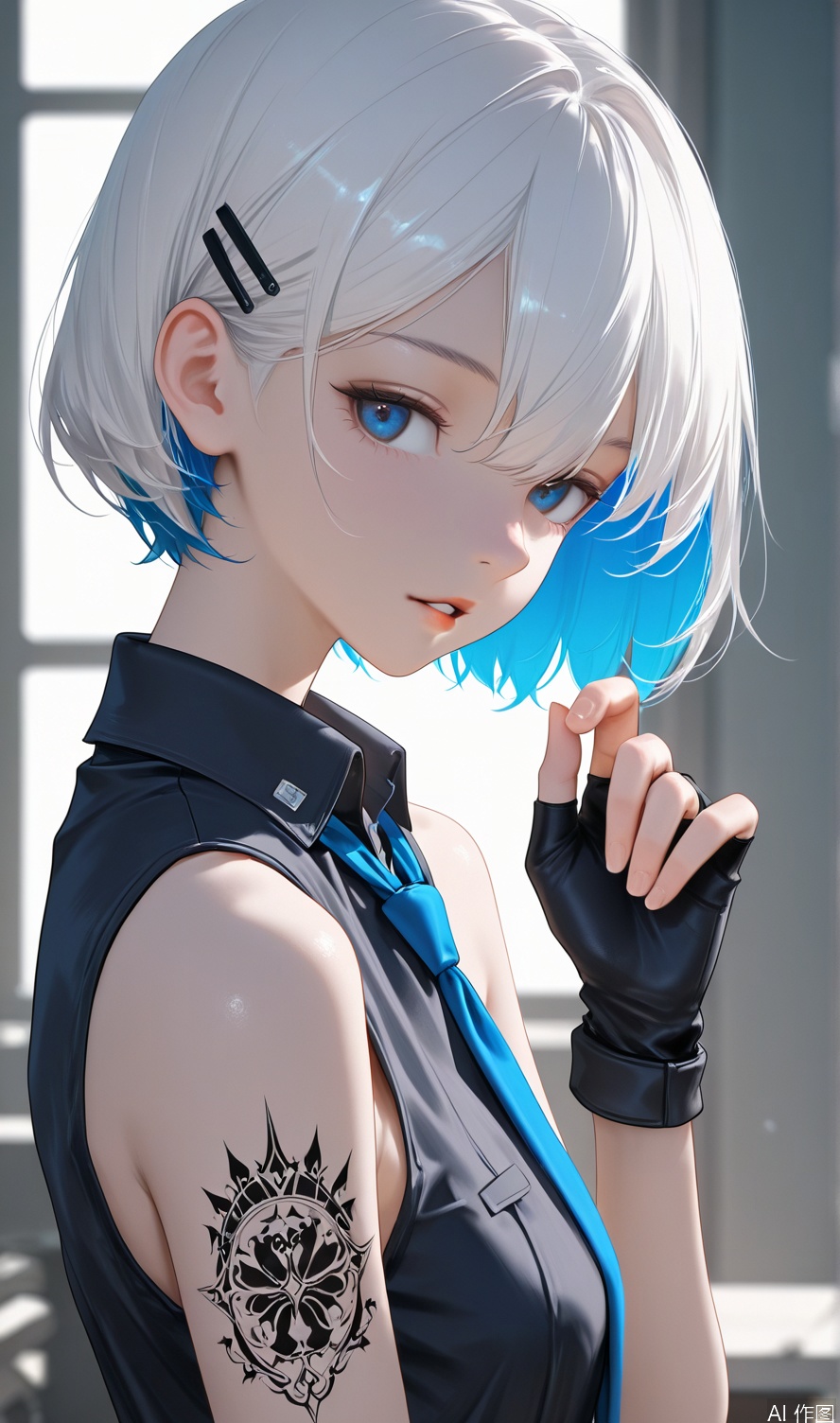 1girl, solo, looking at viewer, short hair, bangs, blue eyes, shirt, hair ornament, gloves, hair between eyes, bare shoulders, blue hair, upper body, white hair, multicolored hair, parted lips, necktie, sleeveless, black gloves, hairclip, collared shirt, indoors, fingerless gloves, from side, two-tone hair, looking to the side, black shirt, sleeveless shirt, tattoo, blue necktie, colored inner hair