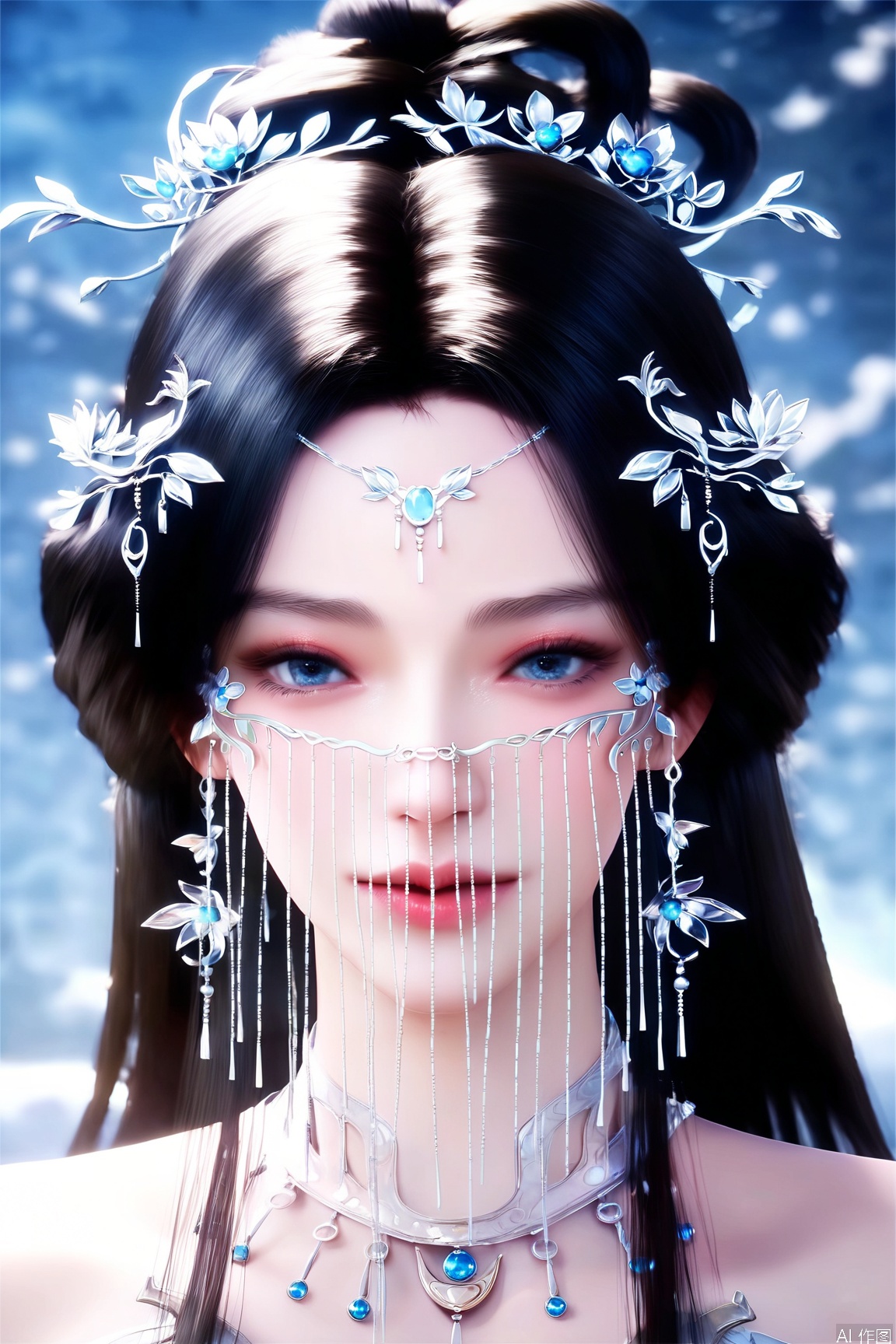 score_9, score_8_up, score_7_up,highly detailed digital,CG,realistic,
1girl, solo, long hair, blue eyes, black hair, hair ornament, veil,