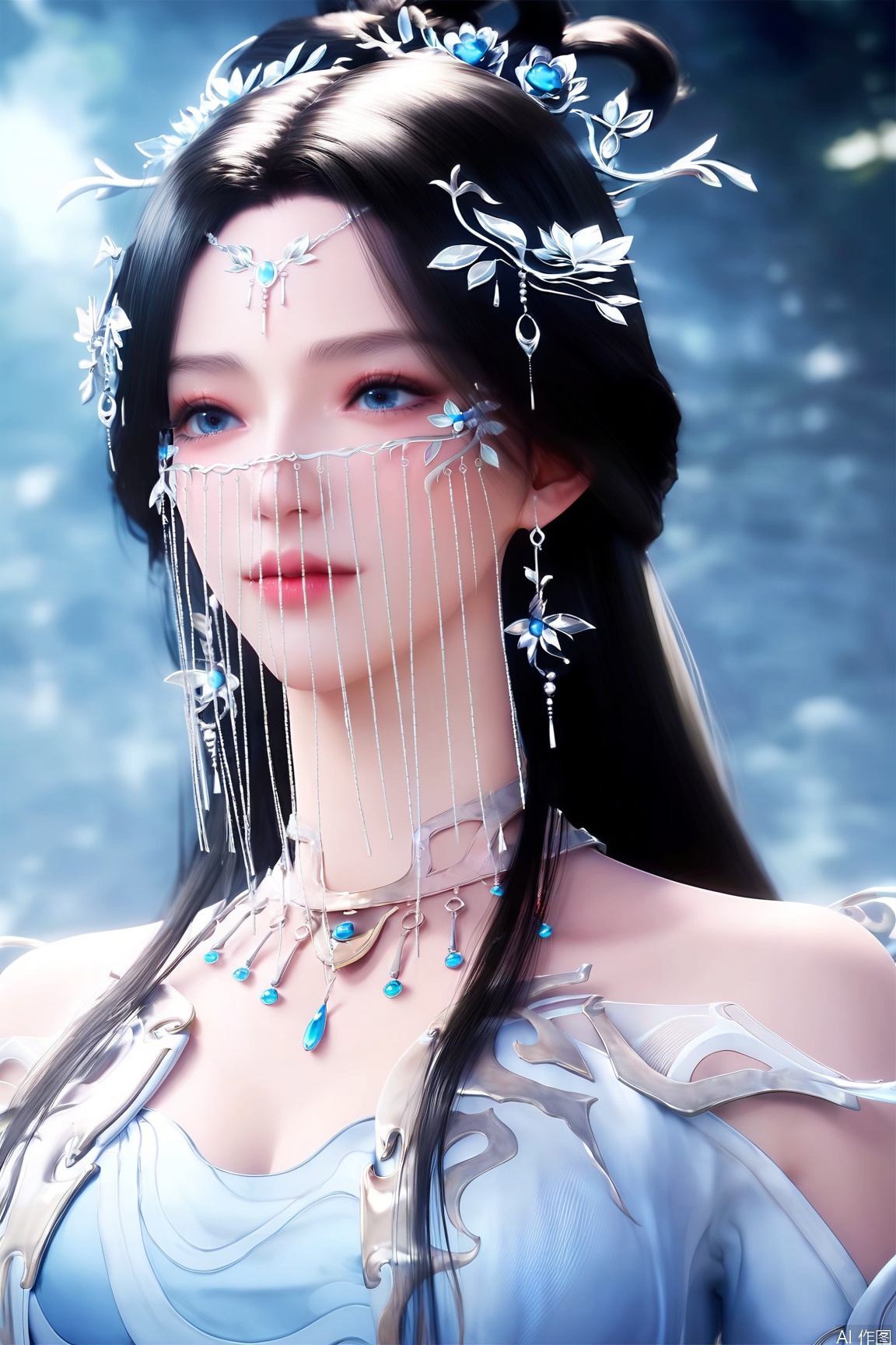 score_9, score_8_up, score_7_up,highly detailed digital,CG,
1girl, solo, long hair, blue eyes, black hair, hair ornament, veil,upper body, necklace, white dress, blue dress