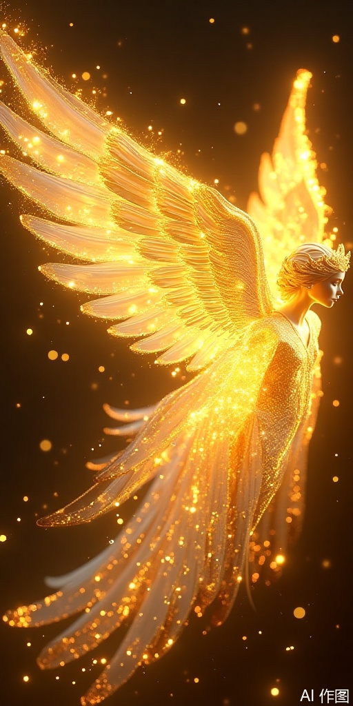 A pair of brilliant and enchanting wings shine with luxurious golden light throughout, as if cast from pure gold or bathed in the divine light. The shape of the wings can be: - ** Angel/Divine Style**: The white wings are plated with gold edges, and each piece of feather is as bright as gilded, emitting a warm and majestic brilliance.