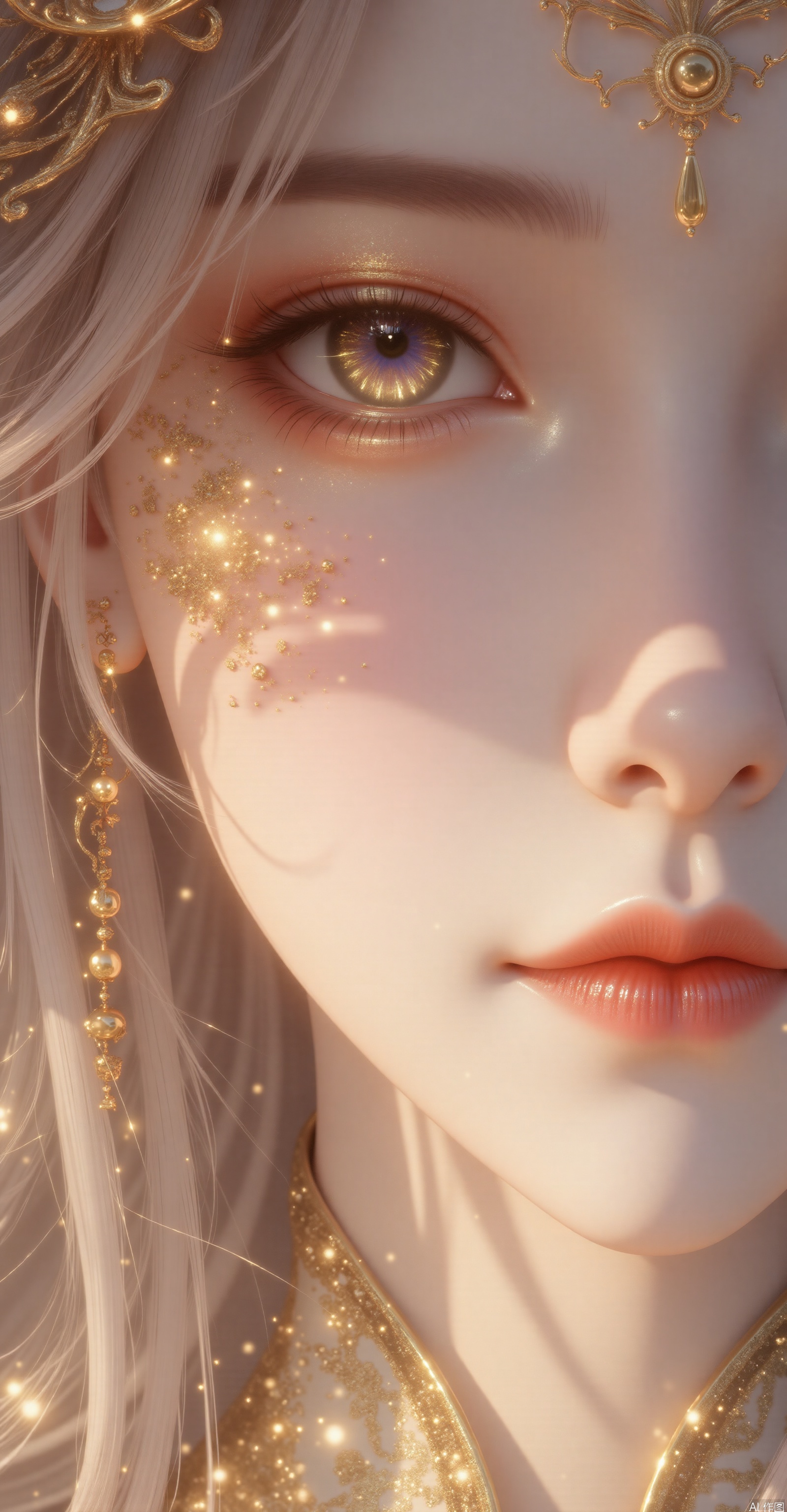 **"Extremely detailed face close-up, a golden legendary beauty, with liquid sunlight radiant skin, and amber pupils under her slender golden eyelashes. Her red lips slightly opened, and the breath she exhaled turned into fine gold powder, and her face was shaved with soft light, like a goddess walking out of the temple mural. The background is a collapsed golden palace, and the falling gold foil is frozen in the air, with 8K surreal rendering."**
