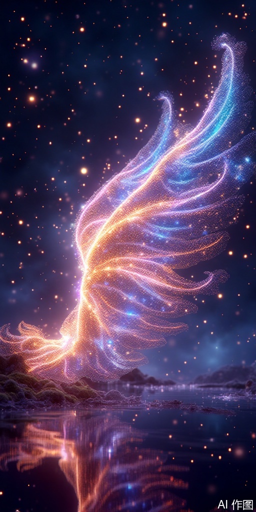 In the deep night sky or in the dark background, a pair of huge wings emit a dreamy fluorescent light, and the light flows like a nebula, illuminating everything around you. The wings have a huge and elegant outline, and may belong to angels, elves, dragons, or some mysterious creature. Fluorescent colors can be cool tones (such as blue, purple, green) or warm tones (such as pink, orange, gold), and appear to have a gradient or pulse effect as the light changes. The details of feathers, scales or films appear in the fluorescence, as if they contain mysterious energy.