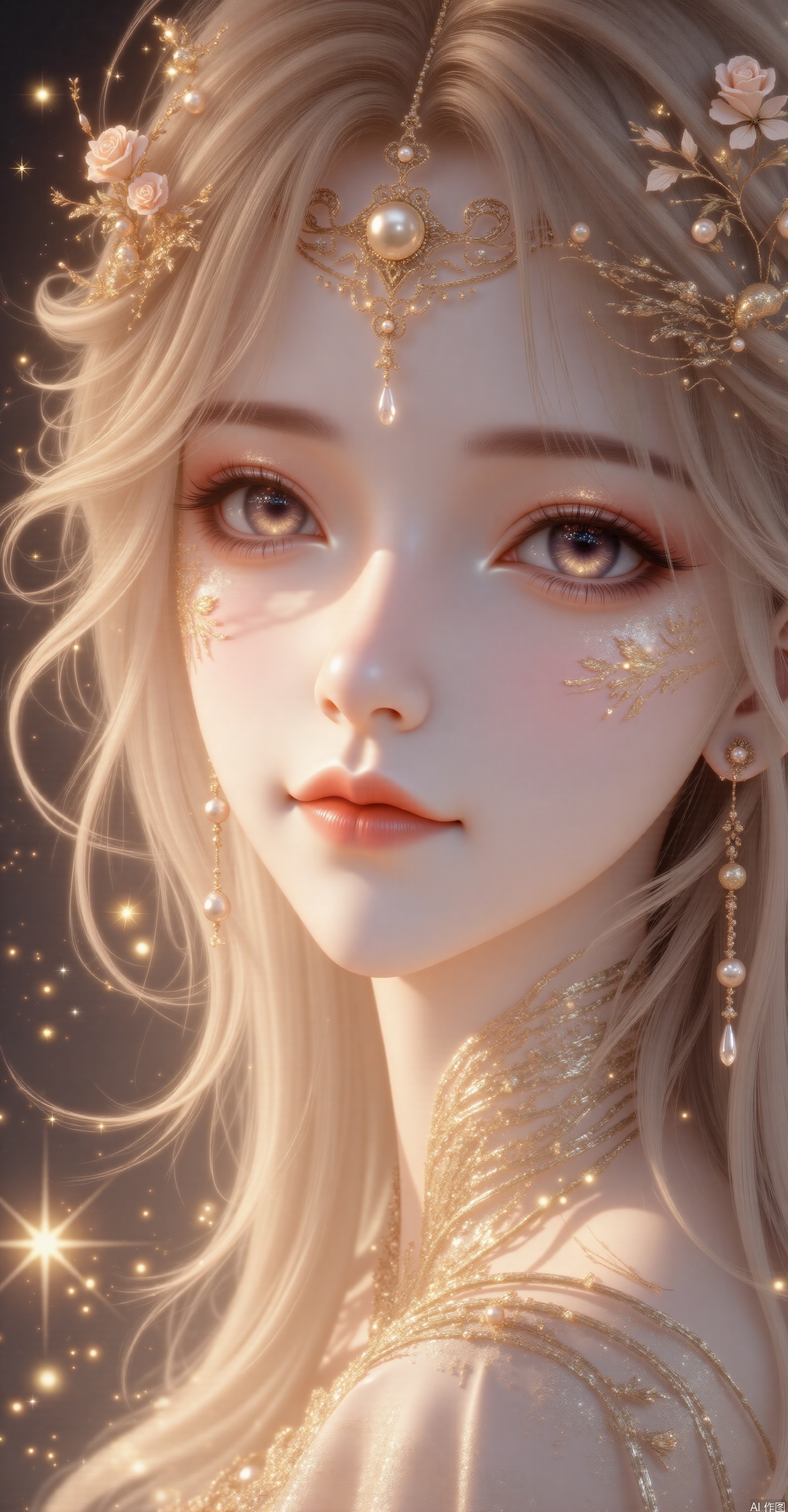 191 Flat coloring. This image depicts a woman in animated style with a bright blond background and black hair in time. She is decorated with exquisite blond hair accessories, including the crown, using a double exposure effect, where beautiful golden roses, stars, and stars in the sky. Fantastic beauty. The overall style combines realism, 3D rendering, magical realism painting art style, surreal works, bright gold, and blurs the boundaries between reality and fantasy.