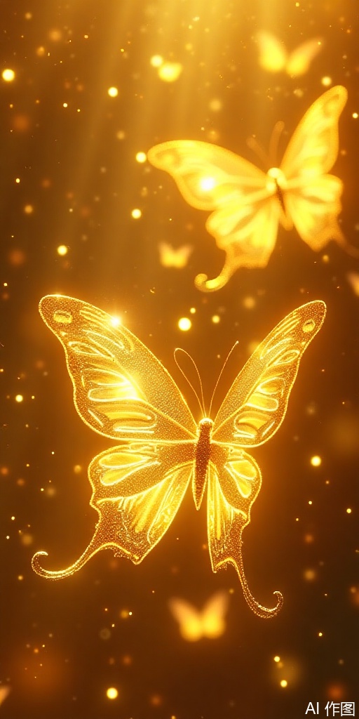 A (or a group of) butterflies shining with golden light are flying in the air, their wings are as light as thin gold foil, reflecting a dazzling halo in the sun. Their wings may have fine hollow patterns, mysterious runes, or a flowing metal texture, as if solidified from liquid gold.