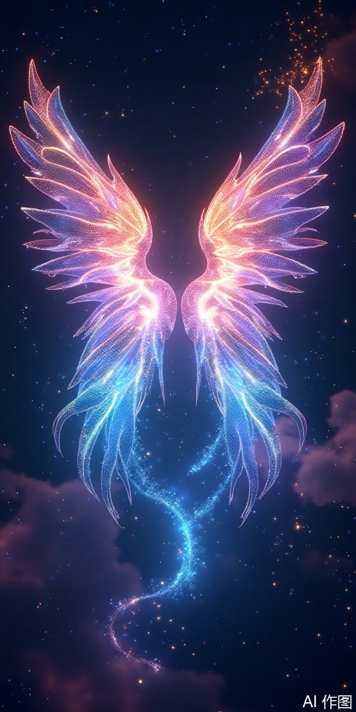 In the deep night sky or in the dark background, a pair of huge wings emit a dreamy fluorescent light, and the light flows like a nebula, illuminating everything around you. The wings have a huge and elegant outline, and may belong to angels, elves, dragons, or some mysterious creature. Fluorescent colors can be cool tones (such as blue, purple, green) or warm tones (such as pink, orange, gold), and appear to have a gradient or pulse effect as the light changes. The details of feathers, scales or films appear in the fluorescence, as if they contain mysterious energy.